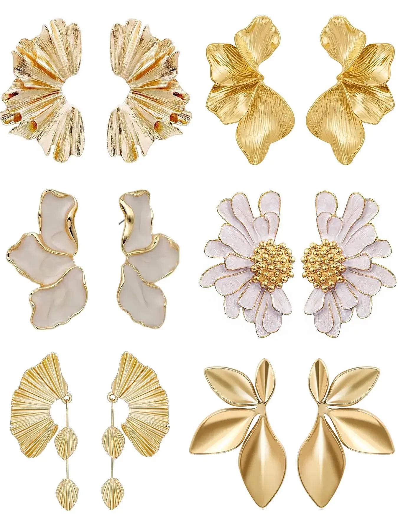 6 Pairs Chunky Statement Earrings Set for Women, Gold Plated Sectored Flower Leaf Shell Design, Hypoallergenic & Stylish Jewelry