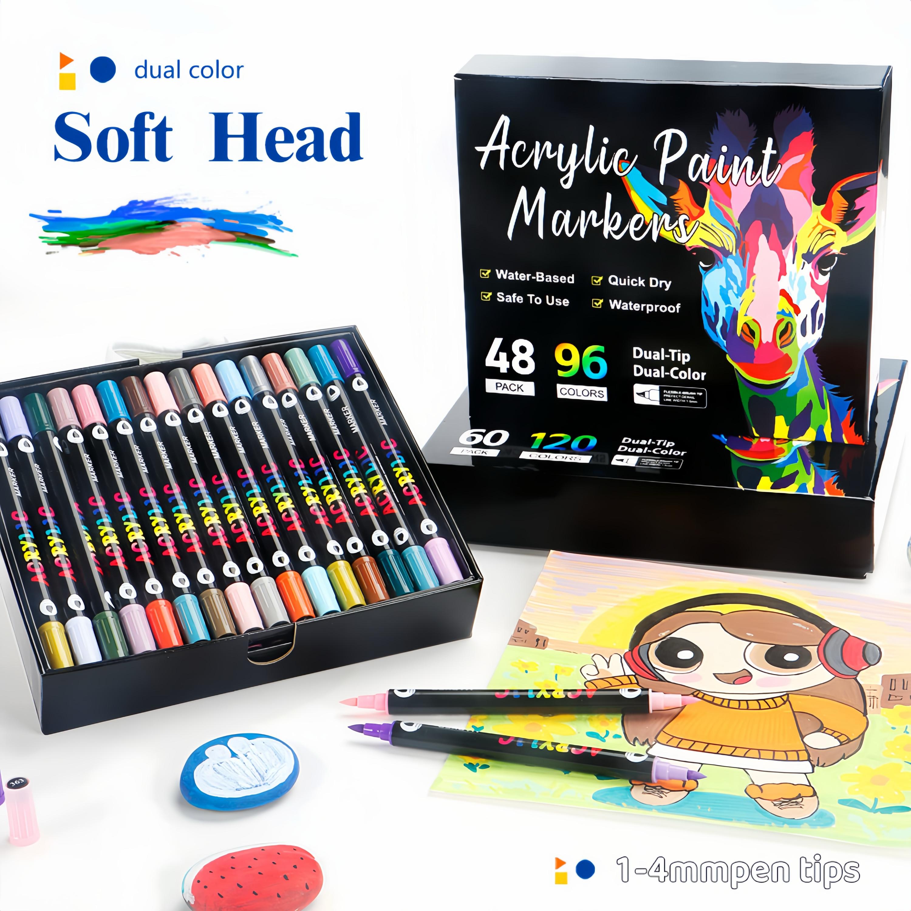 Acrylic Paint Markers Dual Tip Fine & Brush Nibs Non Toxic Waterproof Pigments for Rock Wood Canvas Glass Art Drawing Tools DIY Craft Supplies Gift Creative Tool for School Projects Classroom Activities School Essential Office Fun Brush Tip Color Marker