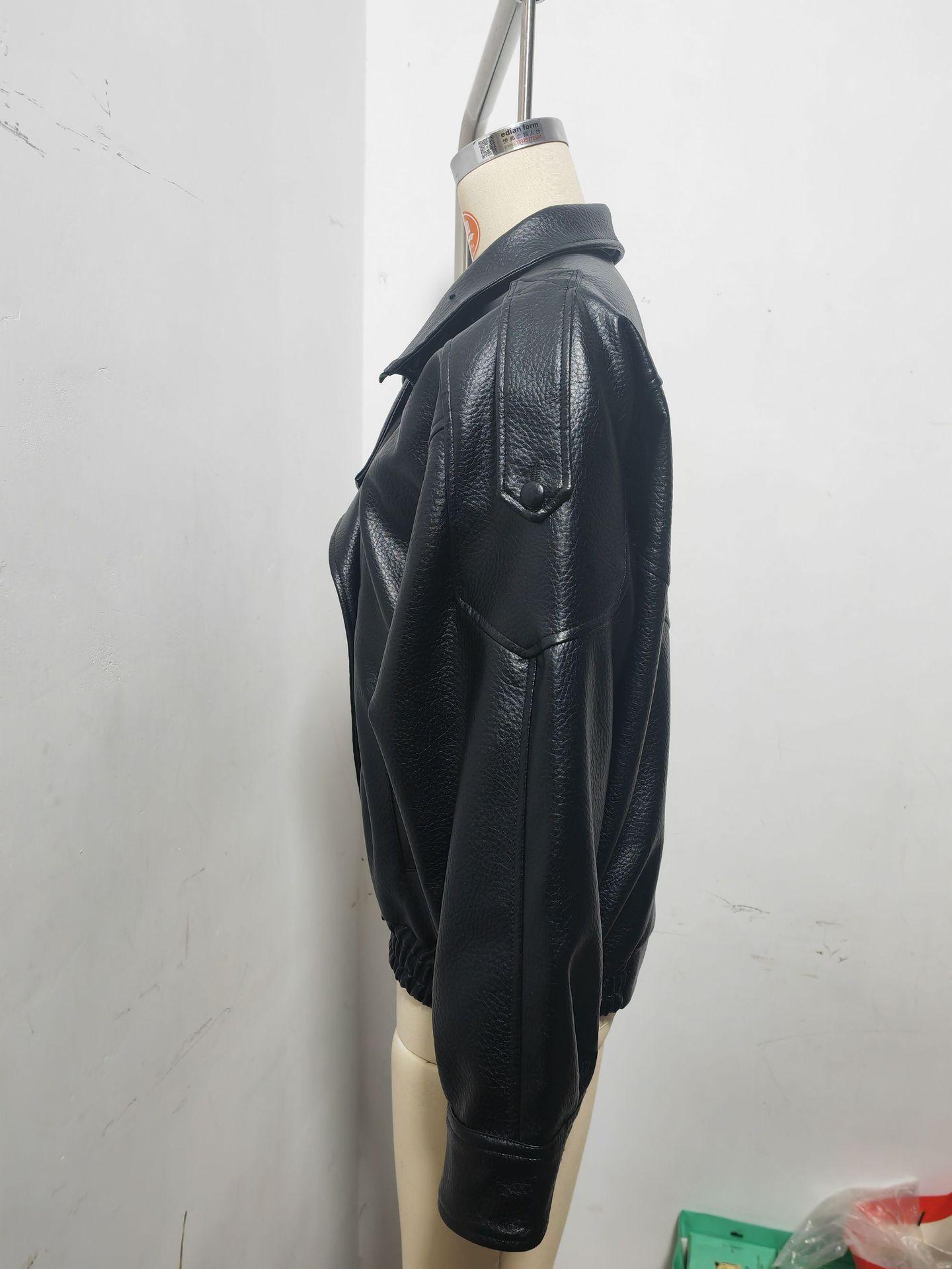 Faux Leather Stand Collar Oversized Moto Jacket, Elastic Hem Motorcycle Streetwear, Casual Long Sleeve Water- and Wind-Resistant Outerwear for Spring & Fall, Ladies Clothes for Daily Wear, Chic Outerwear, Coats