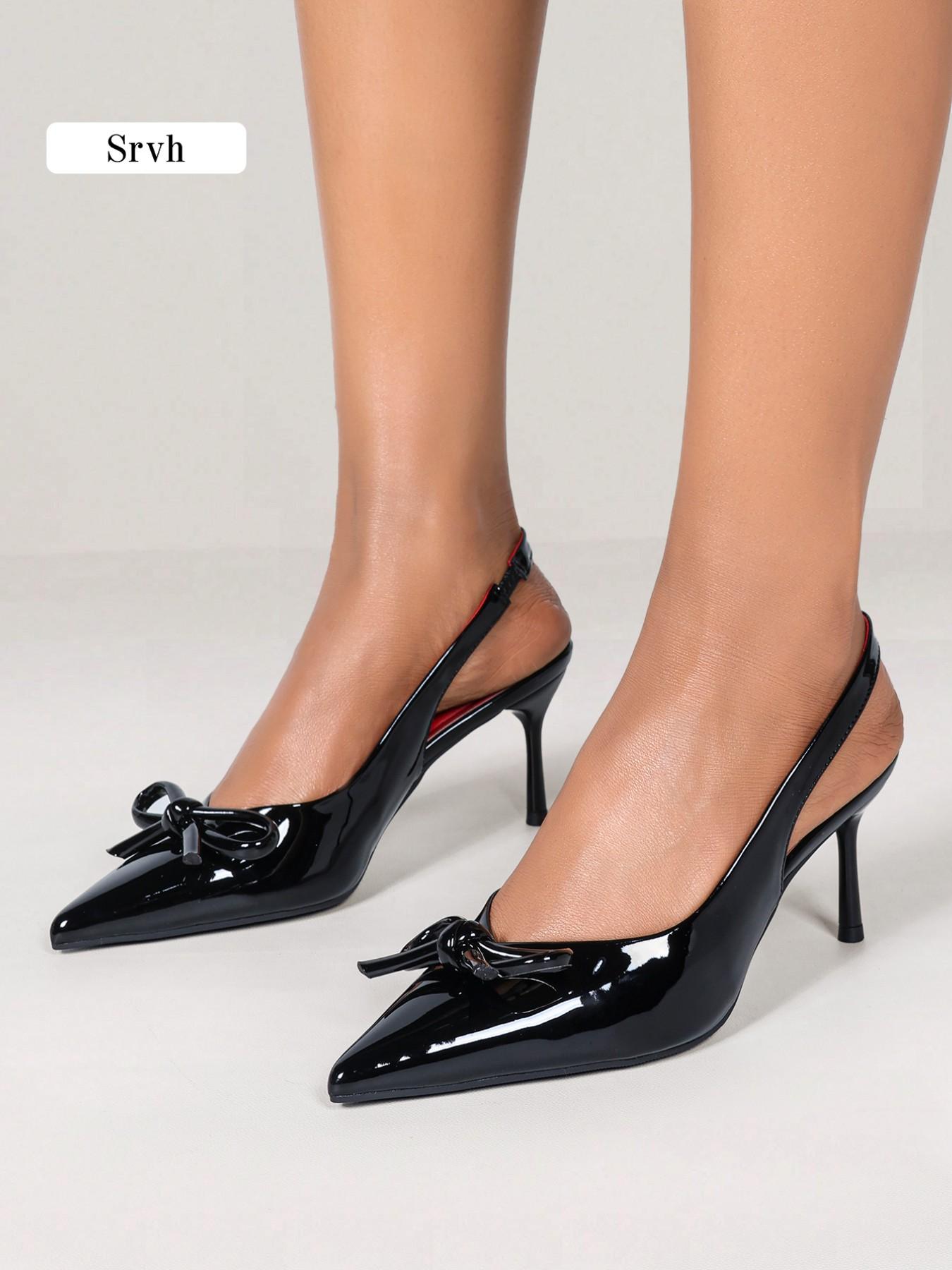 Women's Bow Pointed Toe Slingback Pumps, Glossy Patent Leather Stiletto Heels, French Vintage Day-to-Night Dress Shoes for Work, Valentine's Day, Dates, Parties & Proms