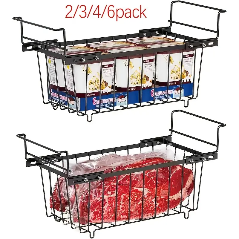 Black Rectangular Food Organizer Bins (3/4/6-Pack) - Ventilated, Stackable, with Handle & Metal Frame, for 7 Cu.Ft Chest Freezers, FIFO Access to Bottom Items, Reduces Frozen Waste, Rectangular Bin