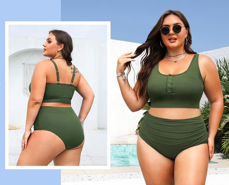 Yonique Plus Size Two Piece Swimsuit - Womens High Waisted Bikini Tummy Control Bathing Suit Ribbed Swimwear
