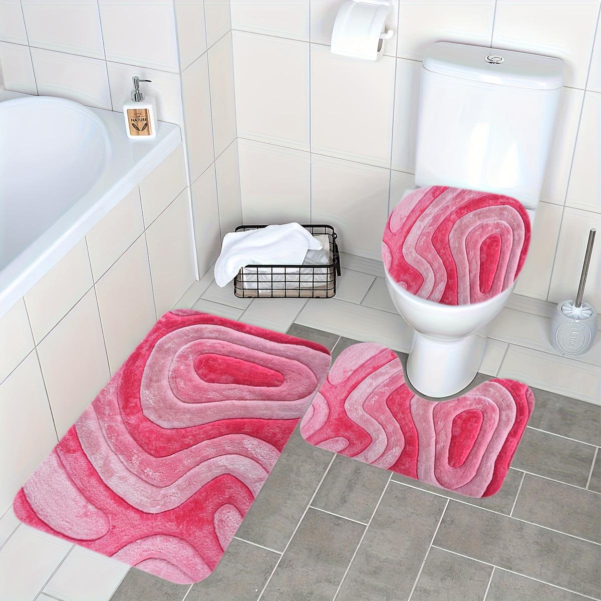 2D Flat, 3pcs Bathroom Mat Set in Soft-Toned Abstract Pink Ripple Print, Includes Toilet Lid Cover and U-Shaped Toilet Mat, Made of Flannel with Soft Surface, Thanksgiving Decoration, 2D Flat
