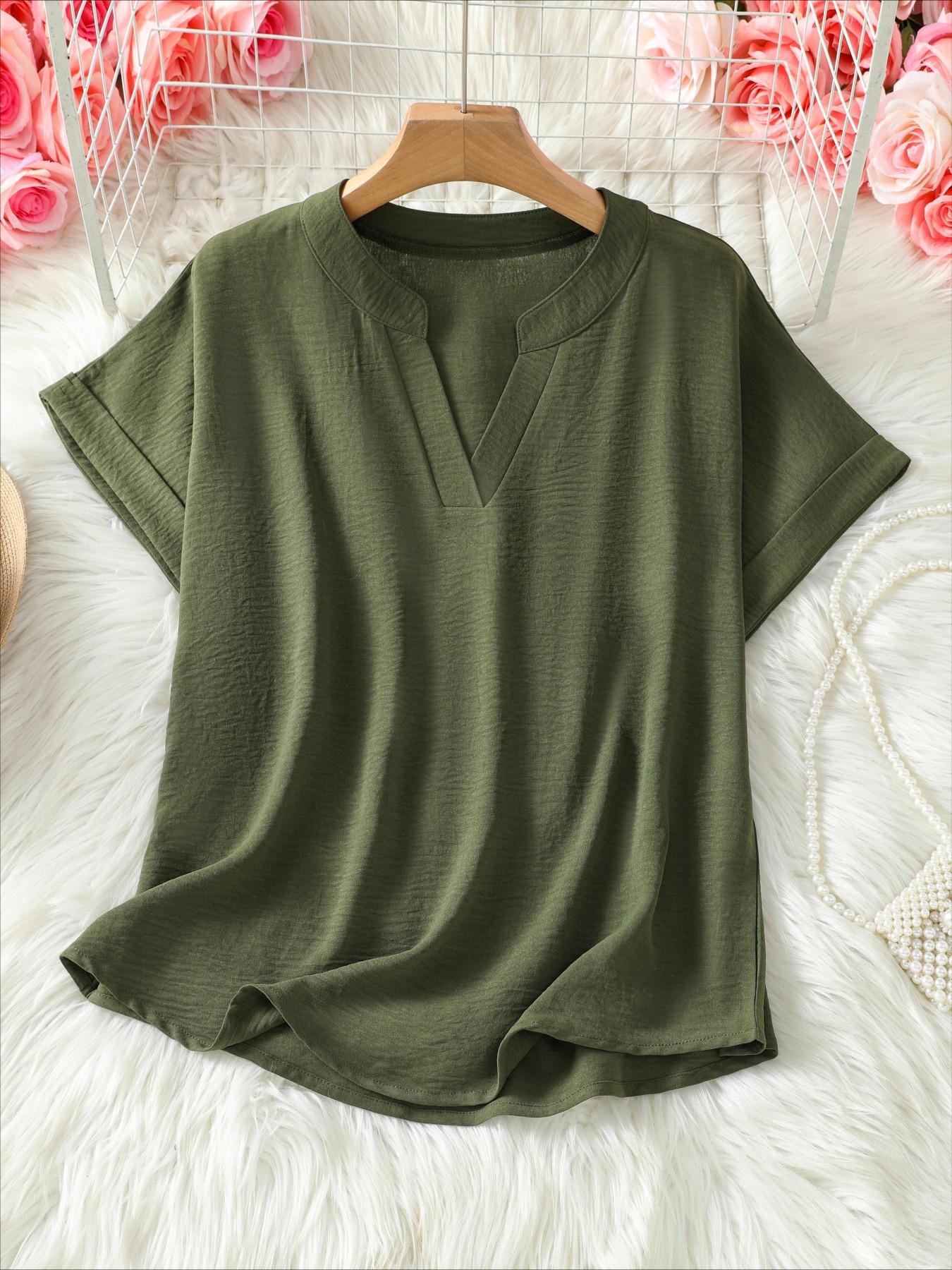 Women's Simple Vintage Solid Color V-Neck Short Sleeve Shirt, Blouse, Casual Ladies' Top, Stylish and Comfortable, Perfect for Daily Wear