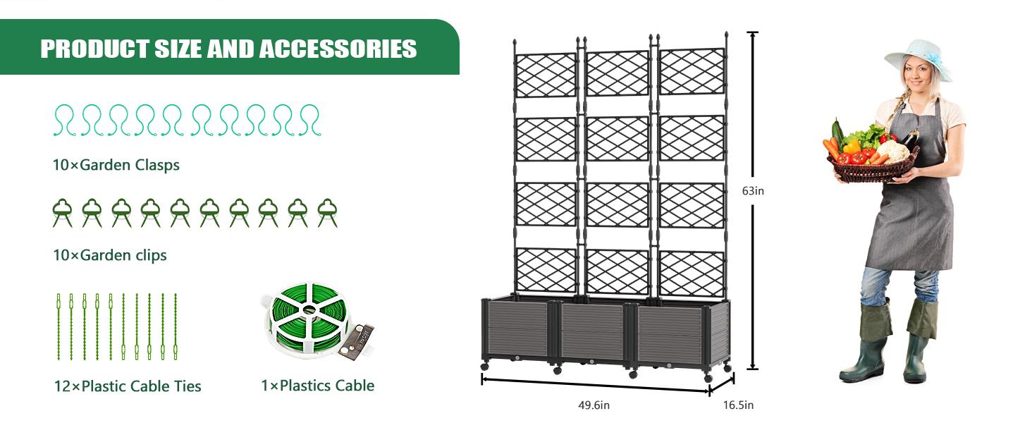 MOPHOTO Raised Garden Bed with Trellis & Wheels, Planter Box Privacy Screen Free-Standing Trellis for Vine Climbing Plants Flowers in Garden Patio Balcony