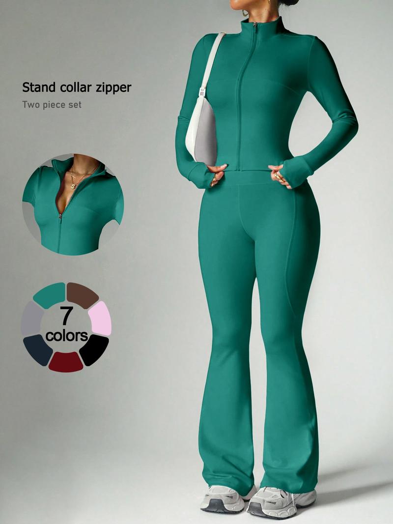 Two piece set women's loungewear set with long-sleeve zip-up jacket and wide-leg pants suitable for outings vacations airport travel Comfortable casual stylish pajama set for women with long sleeves and long pants