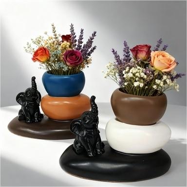 Creative Two-Color Elephant Stack Stone Vase Set, Nordic Style Color Block Design, Living Room Entryway Atmosphere Soft Decor, Home Gift