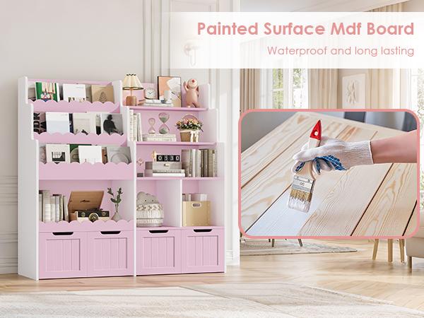 FOTOSOK Kids Bookshelf, Toy Storage Organizer, Large Toy Organizer with 4 Movable Drawers and 3 Storage Cubbies, Book Shelf for Kids Room