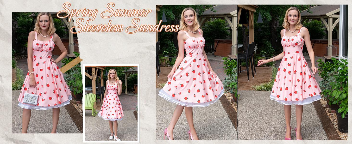 Belle Poque Vintage Floral Dress for Women Summer 1950s A-line Sleeveless Swing Flowy Ruched Midi Wedding Guest Dresses
