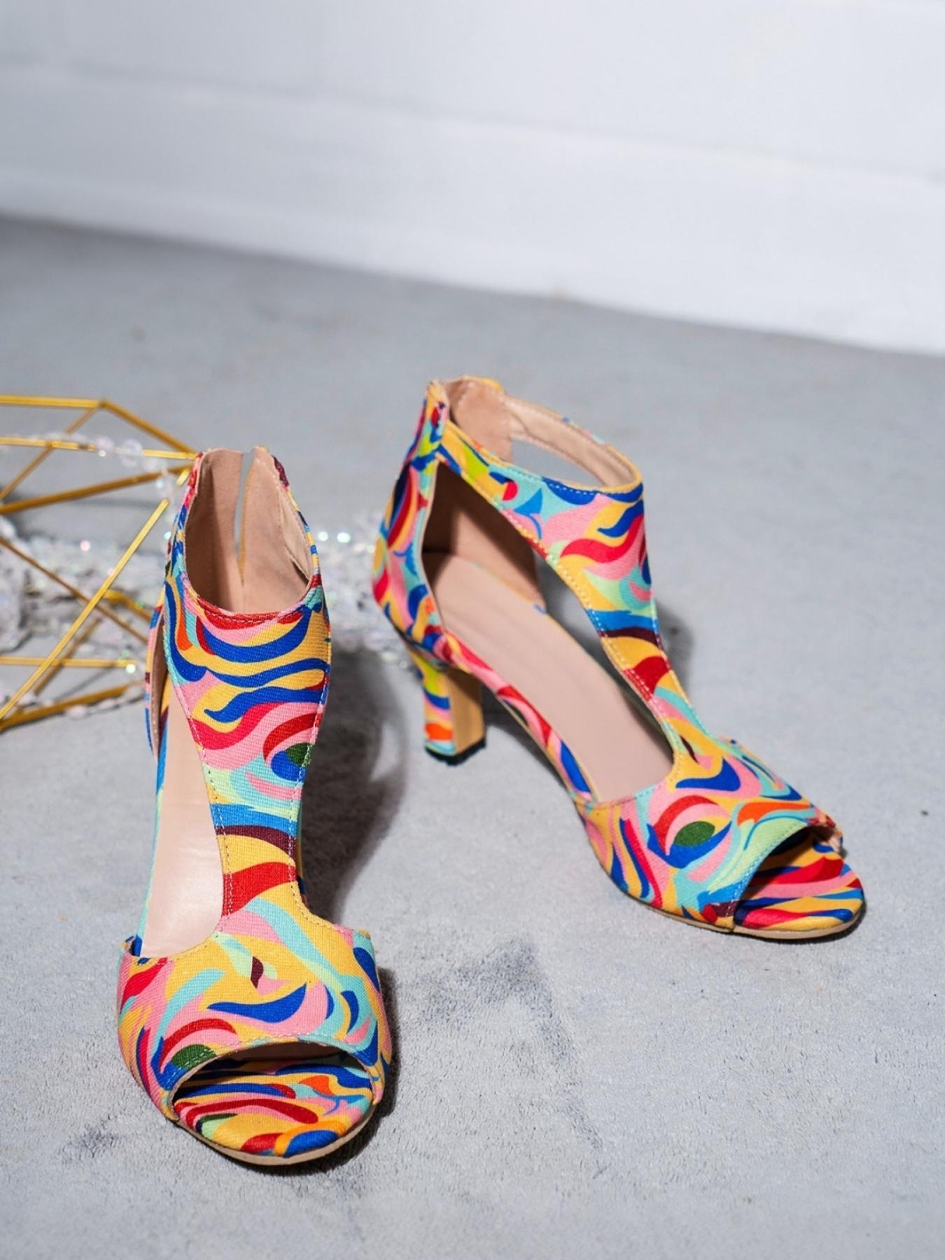 Women Colorful Abstract Swirl Print Peep Toe Ankle Wrap T-Strap Block Heel Sandals, Strappy Heels, Boho Style, Hollow Out, Party Club Night Out Dress Heels