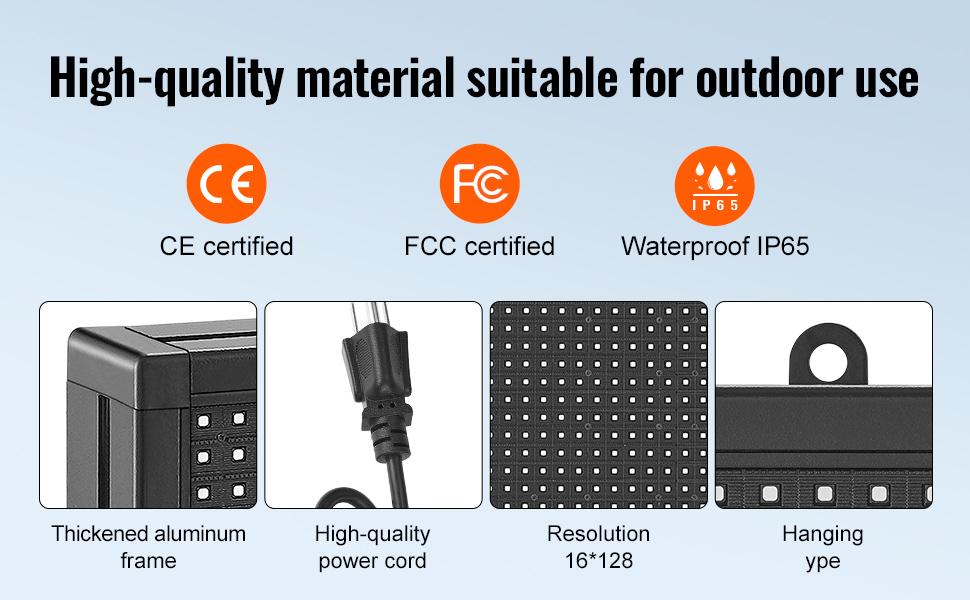 VEVOR LED Message Board, P10 Full Color Scrolling Display, Customizable Text and Animation via WIFI or USB, Ideal for Retail, Parties, and Bars, 52x8
