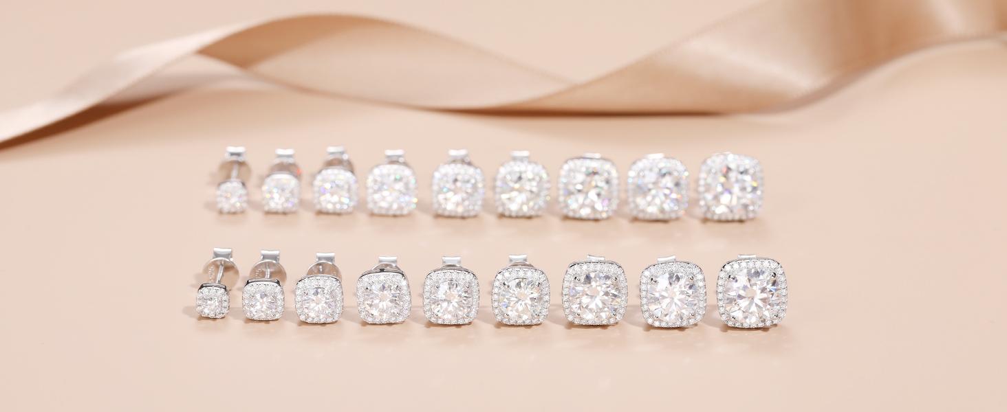 HELLOICE [Unisex] Moissanite Halo Square Stud Earrings 925 Sterling Silver Earrings 0.2Ct/0.6Ct/1.0Ct/1.6Ct/2Ct/4Ct Synthetic Moissanite Earrings Moissanite Jewerly Gift for Her Him