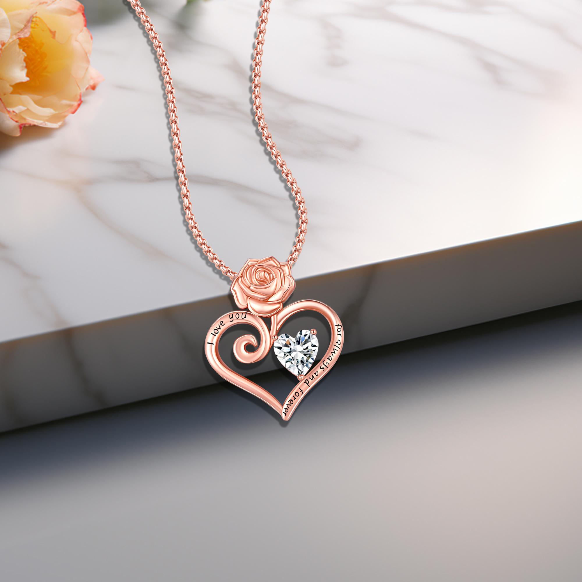 DRINSPER Rose Heart Necklace Rose Pendant Necklace I Love You Forever and Ever for Women Anniversary Birthday Mothers Day Gifts Jewelry for Wife Girlfriend Sister