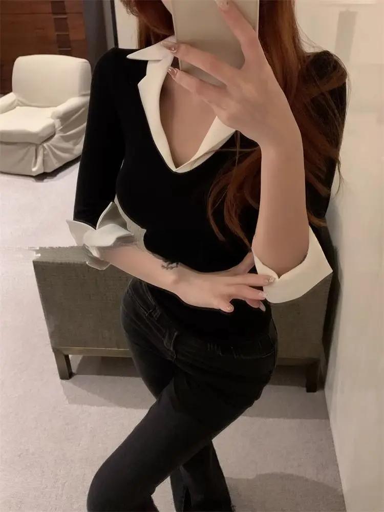 Korean Chic Design Fake Two Pieces Long Sleeves Shirt Women Spring 2025 New Elegant All Match Slim Fit Base Tops Office Clothes