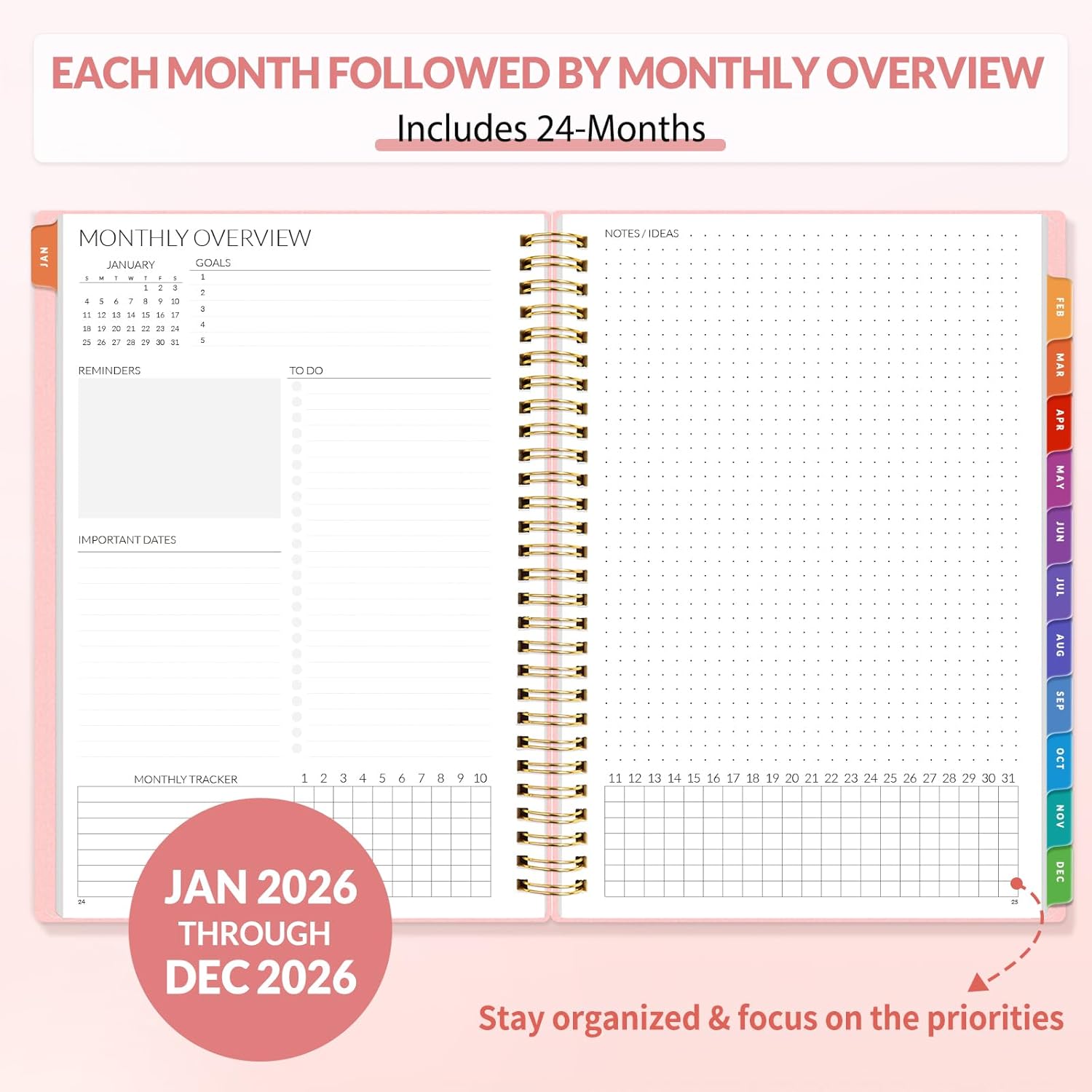 2-Year Planner 2026-2027 - 24 Months (Jan 2026-Dec 2027), 7"x10" Monthly Spreads, Yearly Views, Bonus Pages, Project Sched., Rainbow Tabs - Office Stationery Personal Organiser, Calendar Planner, Desktop Appointment Books & Planners