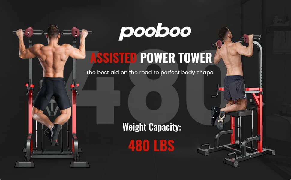Pooboo Power Tower Dip Station, Pull Up Bar Stand for Fitness Home Gym Workout, Pull Up Dip Station, Multi-Function Power Tower Pull Up Bar,Adjustable Strength Training Fitness Equipment