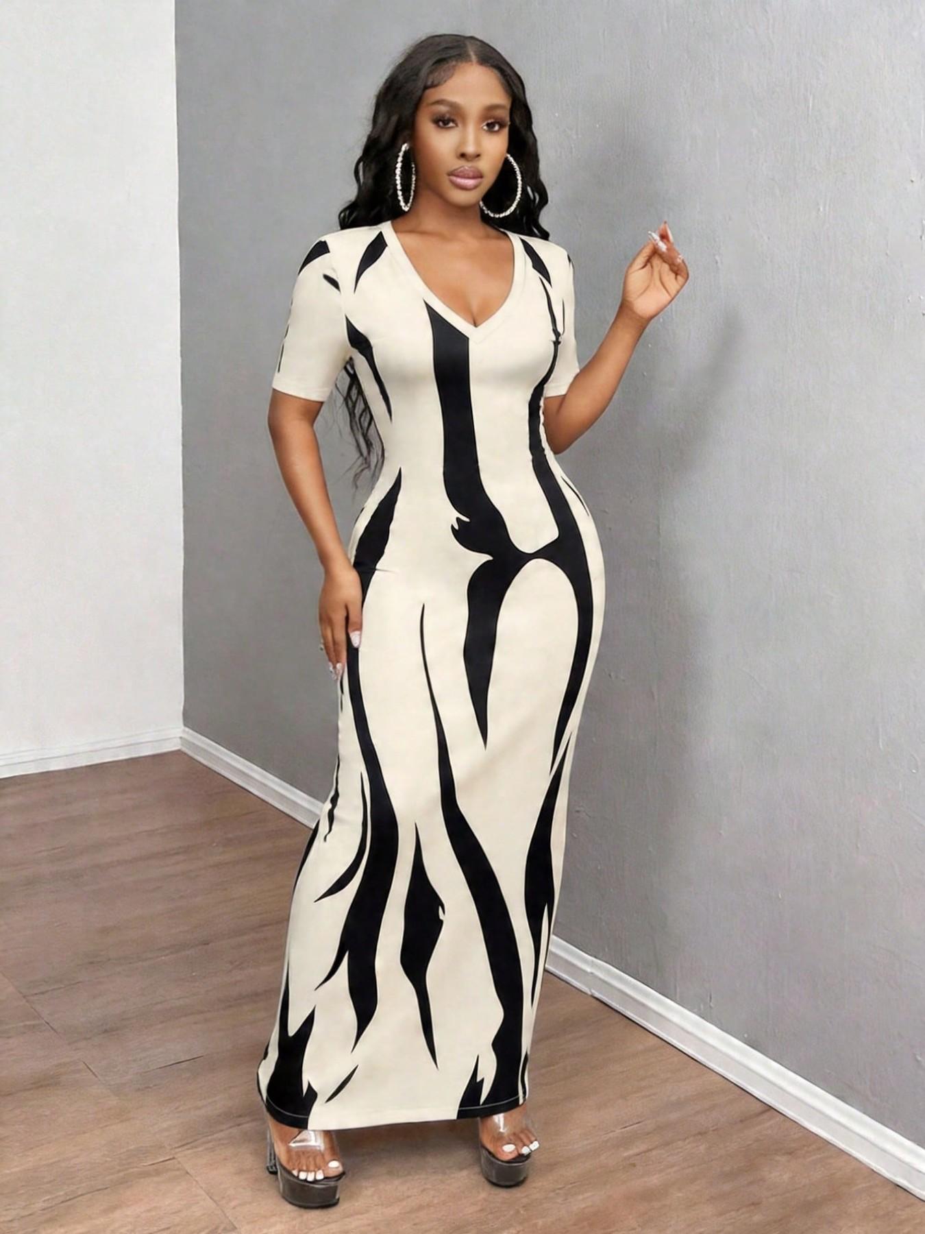 Women's Fashion Slim-Fit Bodycon Cut Printed Unlined Short-Sleeve Long Dress, Elegant All-Over Print, All-Season Wear