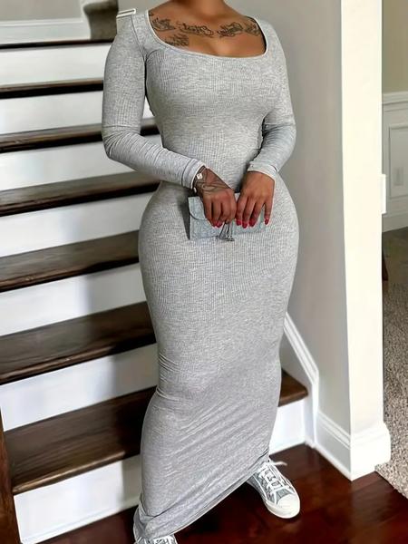 Women's Solid Scoop Neck Ribbed Bodycon Dress, Casual Long Sleeve Long Dress for Fall & Winter, Women's Clothing for Daily Wear