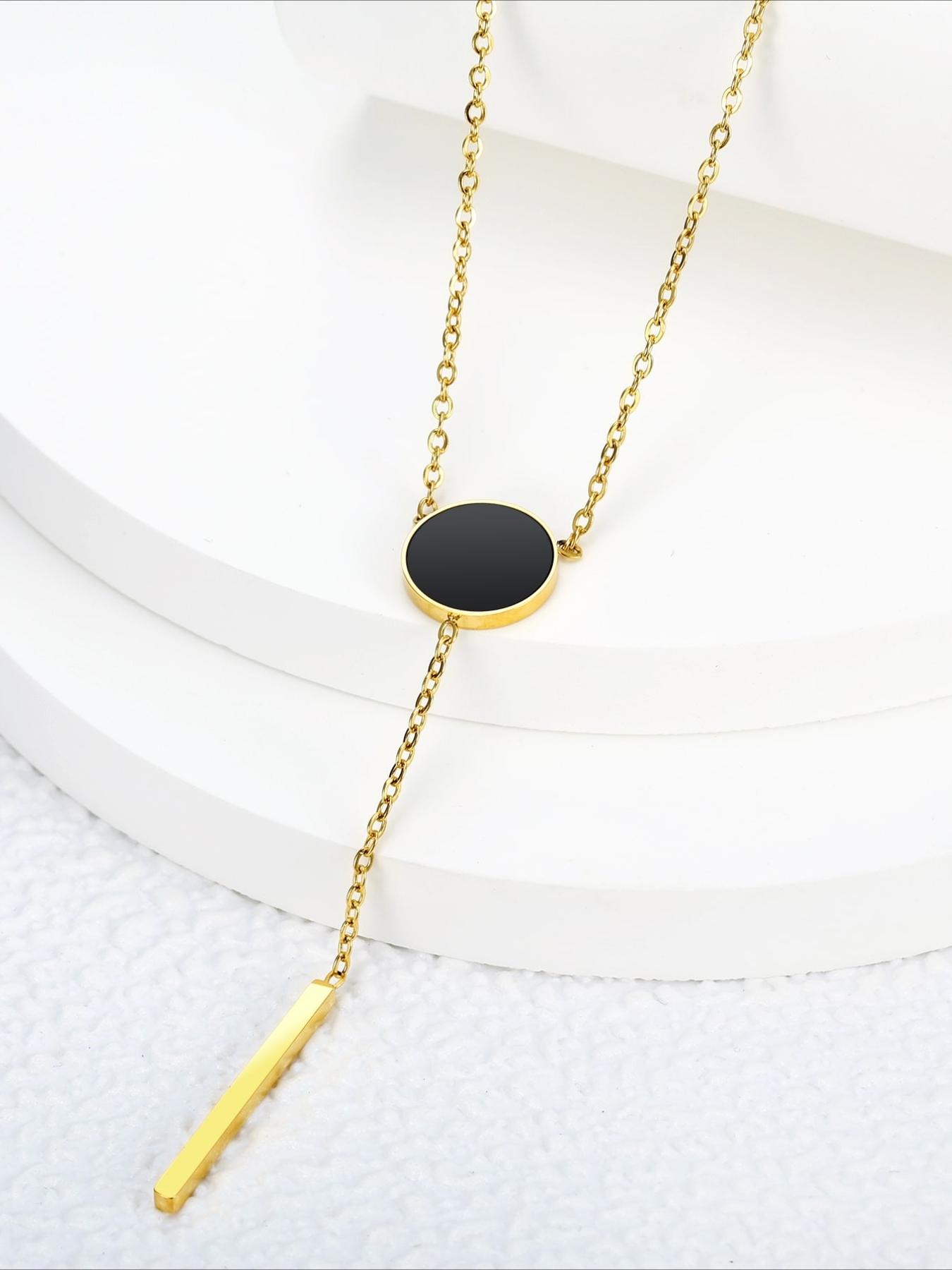 Minimalist Stainless Steel Y-shaped Necklace with Niche Design, Black Round Brand Vertical Stripe Tassel Pendant, High Polished Glossy Texture, Light Luxury Daily Commuting Collarbone Chain