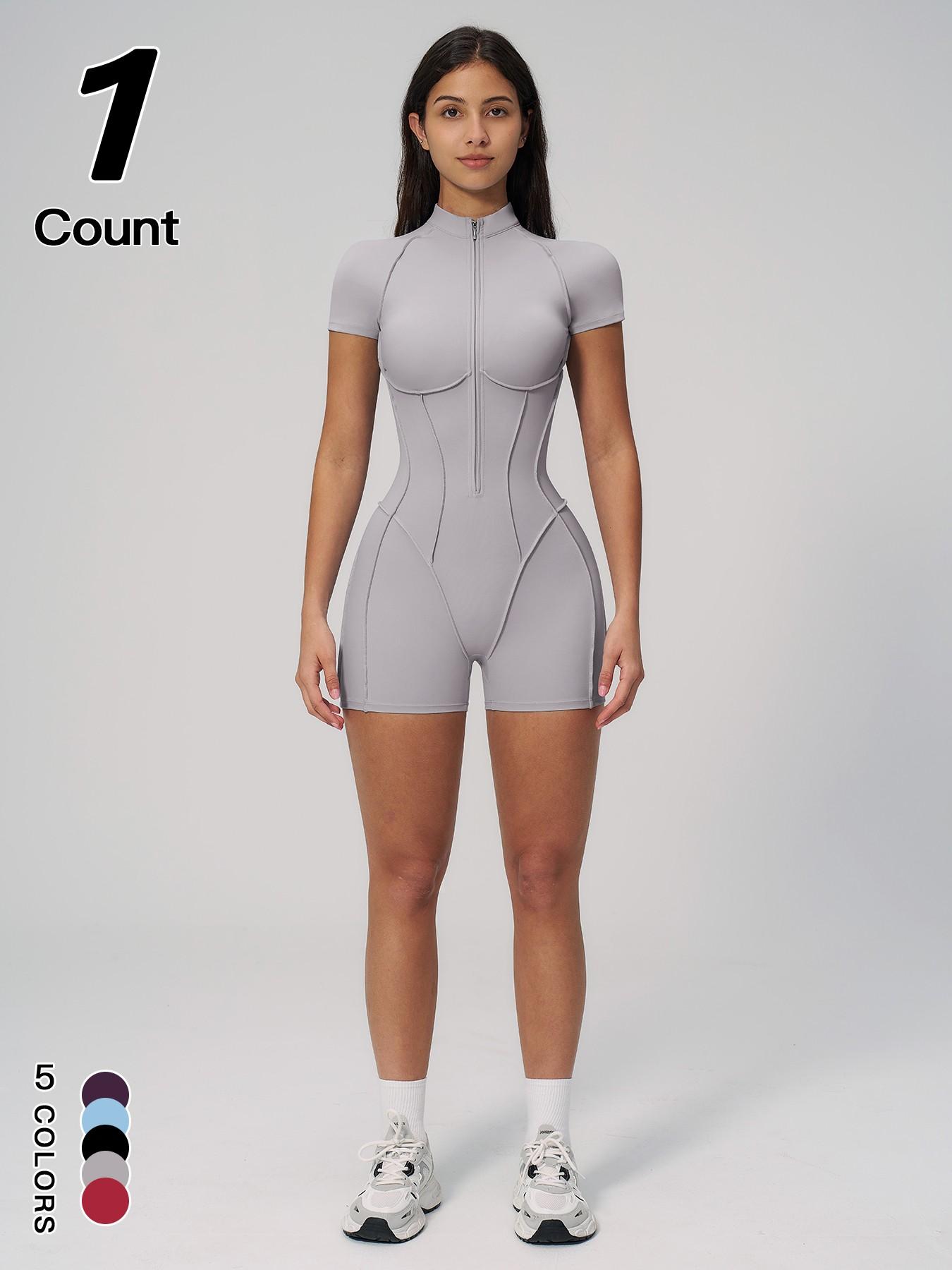 Women's Sportswear Half-Zip Stand Collar Shapewear Jumpsuit, Casual Slim-Fitting Short Sleeve Jumpsuit for All Seasons