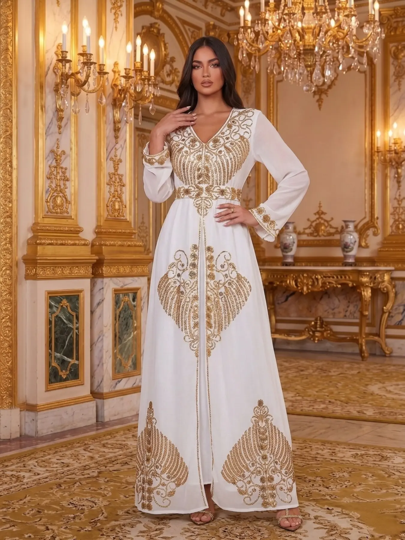 Elegant Gold Embroidered Abaya Maxi Dress, Long Sleeve Loose-Fit Two-Piece, Modest Islamic Abaya Evening Wear for Middle Eastern Weddings