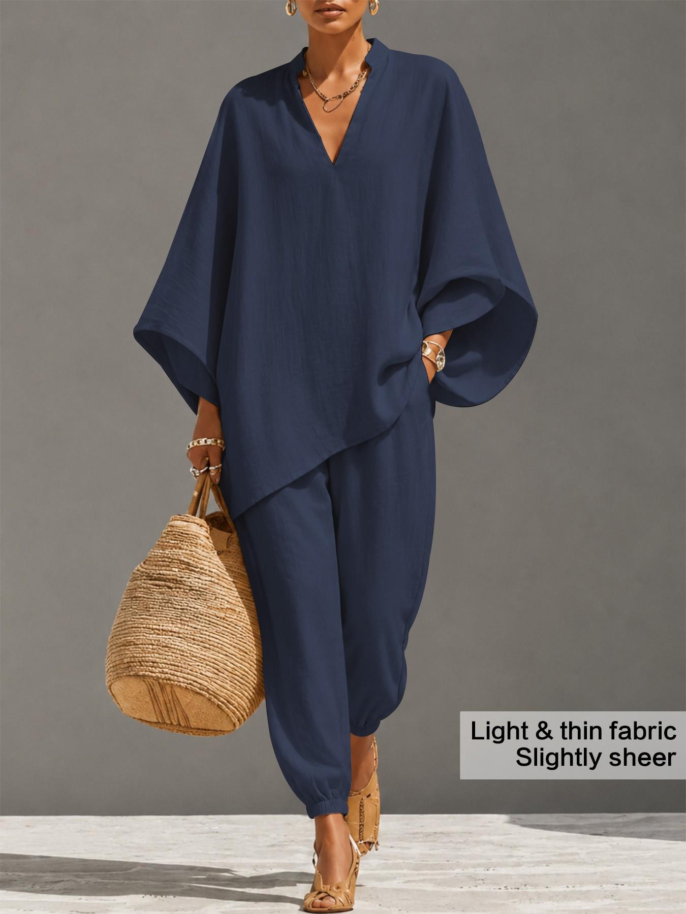 Women's Oversized Light Linen-Look 2-Piece Set, Batwing Long Sleeve Blouse Top & Drawstring Pants, Comfy Casual Style for Travel & Vacation