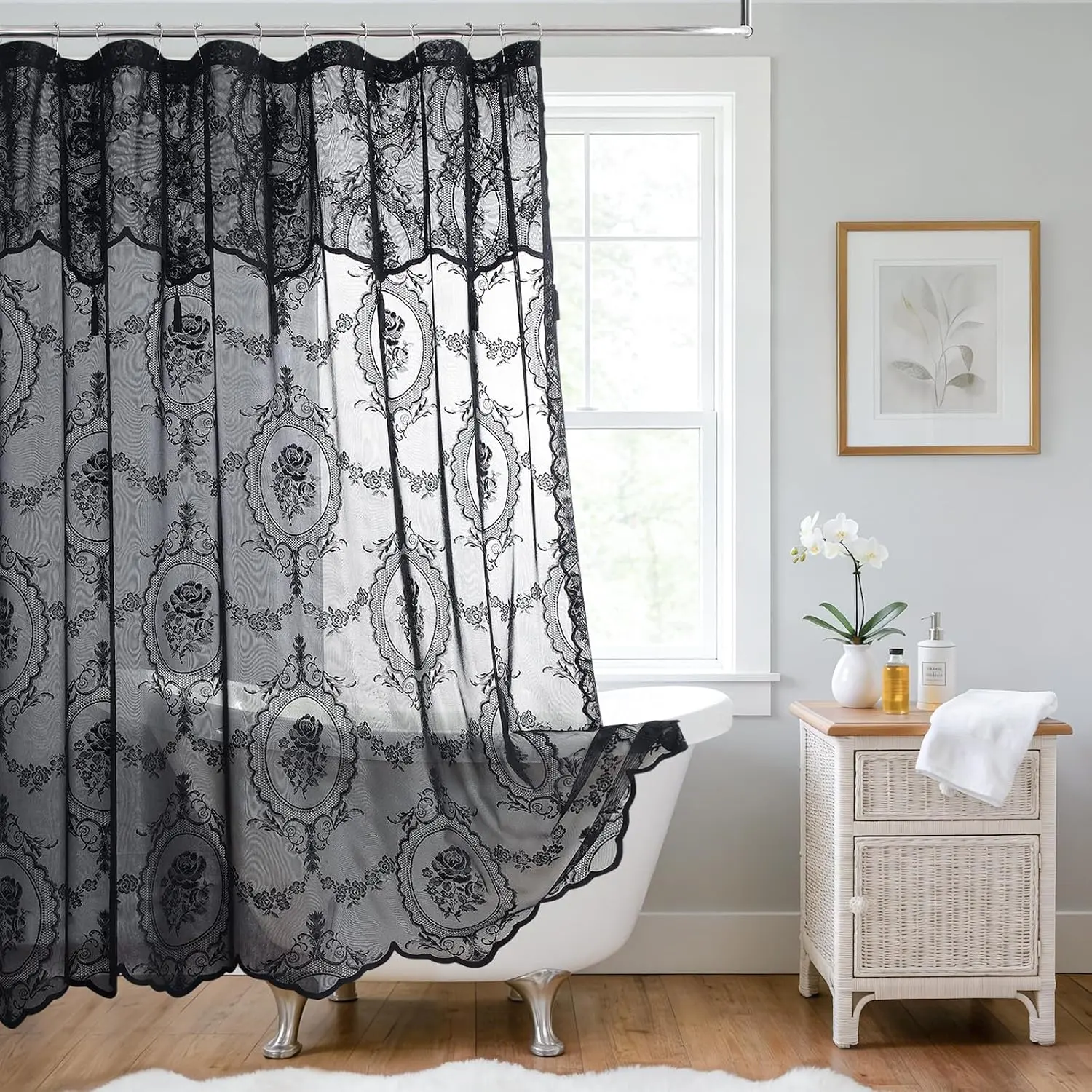 Black Lace Shower Curtain with Attached Valance, Rustic Vintage Floral Sheer Shower Curtain with Scalloped Edge, Gothic Witchy Victorian Style Decorative Bathroom Curtain, 72"x72"
