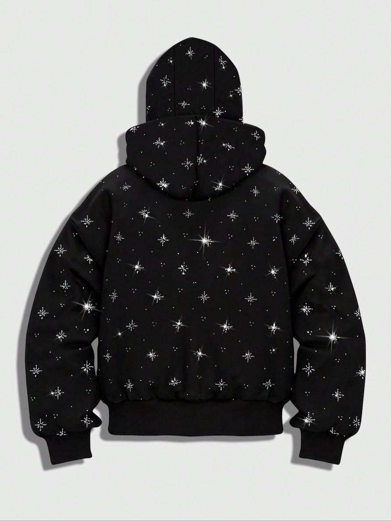 Men's Street Style Rhinestone HooMen's Street Style Rhinestone Hooded Sweatshirt, Pocket and Zip Design, Fall & Winter Wear, Geometric Pattern, Fitted Fitded Sweatshirt, Pocket and Zip Design, Fall & Winter Wear, Geometric Pattern, Fitted Fit