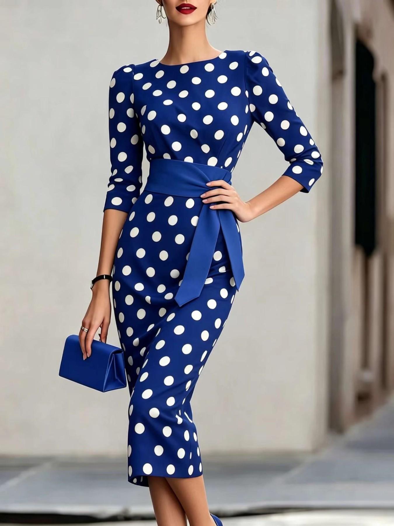 Women's Summer New Fashion Elegant Chic Polka Dot Bodycon Dress with Waist Belt, Stylish and Comfortable, Perfect for Daily Wear