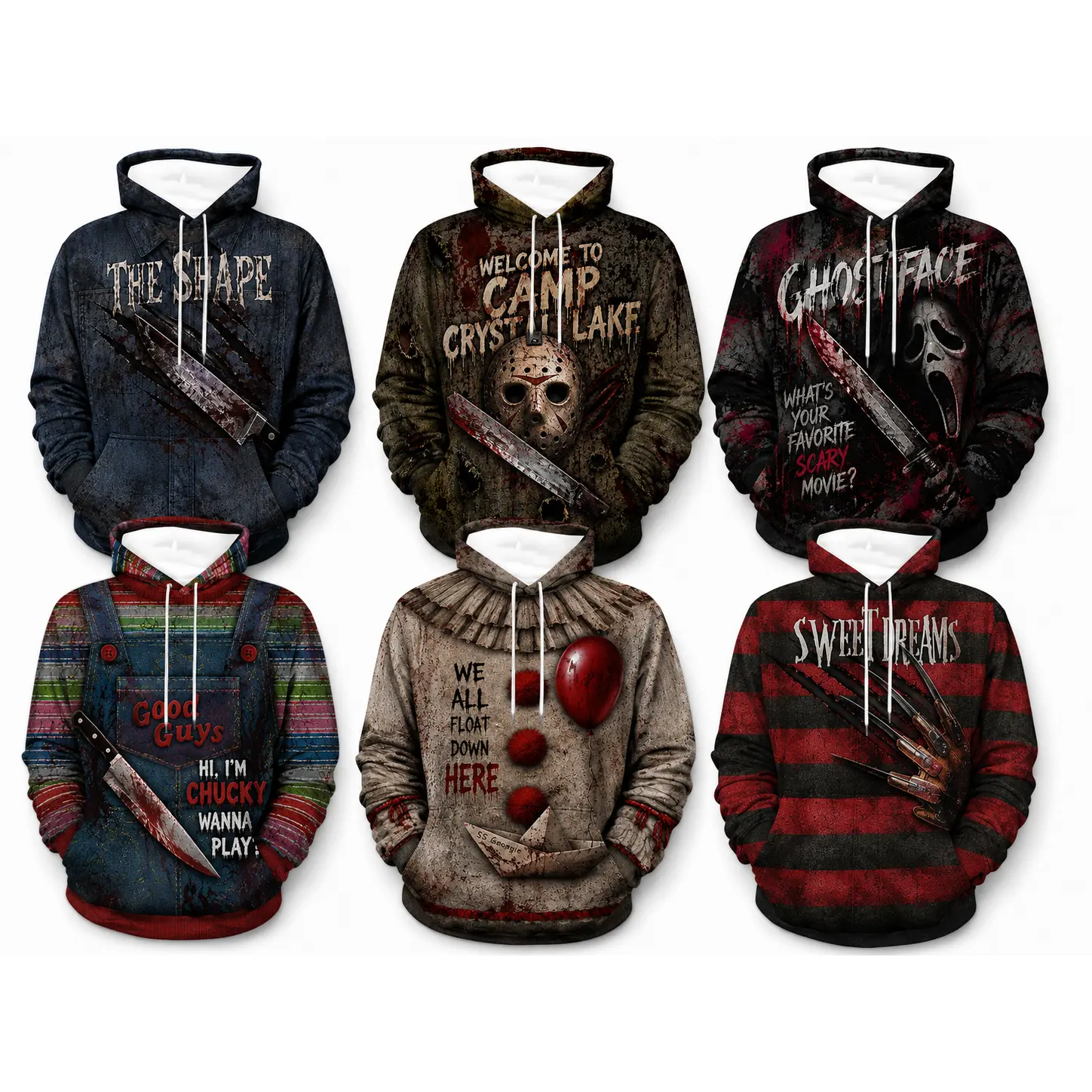 Unisex Retro Slasher Horror Movie Inspired Graphic Hoodie, Vintage Scary Character All‑Over Print Sweatshirt for Halloween, Gift for Party Fall Streetwear