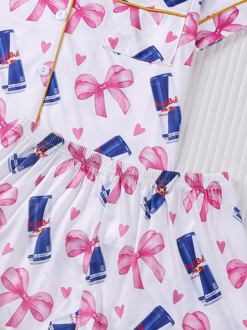 2-piece women's full body pink bow love drink bottle short sleeved shorts soft and comfortable skin friendly smooth top small pocket button closure elastic waistband suitable for all seasons home casual wear pajamas