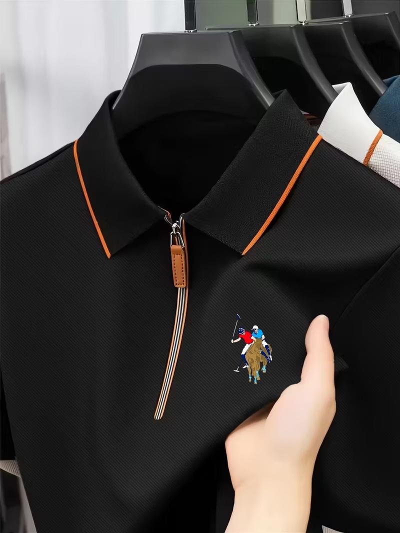 New Casual Printed Zip Short Sleeve Polo Shirt, Comfortable Fabric with Stylish Logo, Ideal for Golf, Fishing, Beach Vacations and Camping