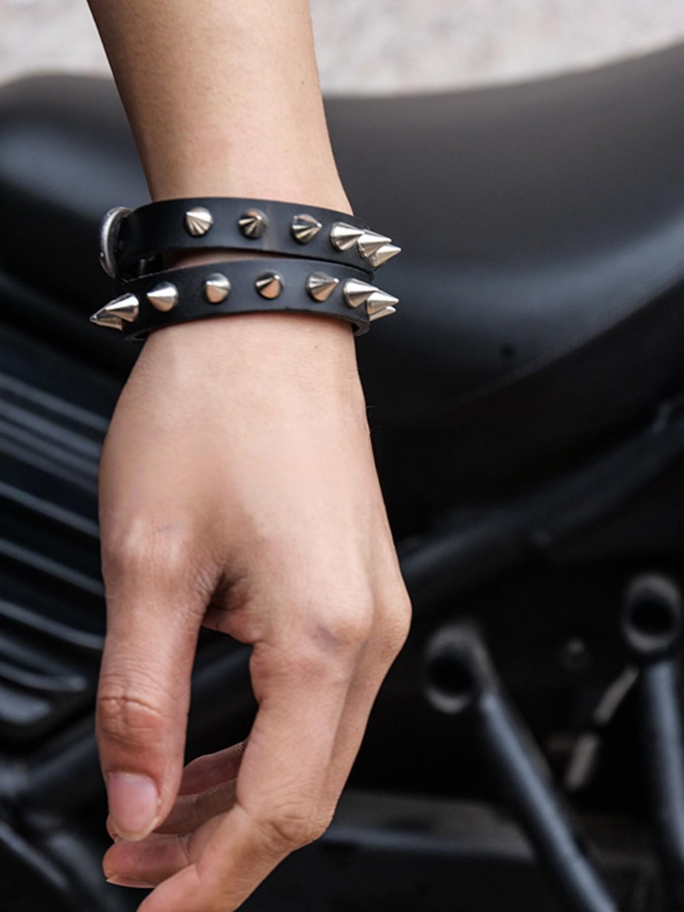 Punk Spike Leather Wrap Bracelet for Men Women –Studded Cuff with Irregular Wrap Design, Vintage Gothic Rock Bangle, Adjustable Black Wristband, Unique Singles Party Gift for Him Her