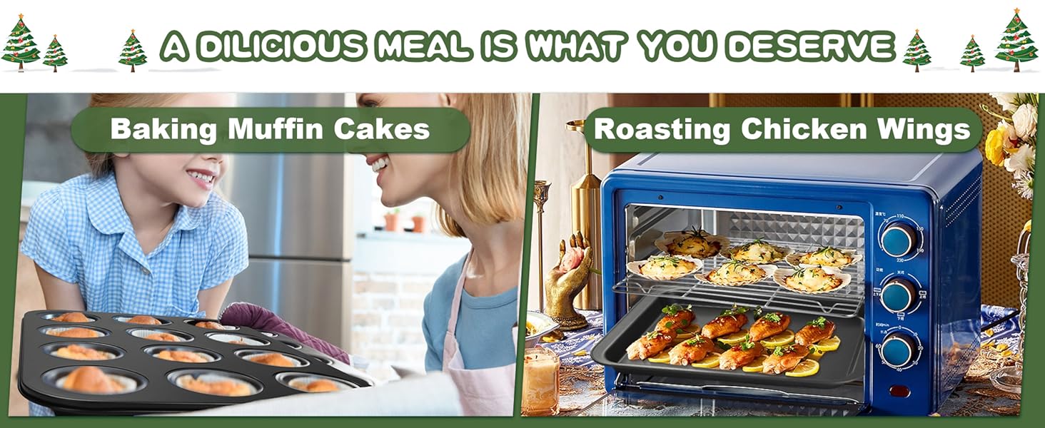 Bakeware Sets, Baking Pans Set, Nonstick Oven Pan for Kitchen with Wider Grips, 7-Piece with Round/Square Cake Pan, Loaf Pan, Muffin Pan, Cookie Sheet, Roast Pan, Cooling Rack, Carbon Steel Bake