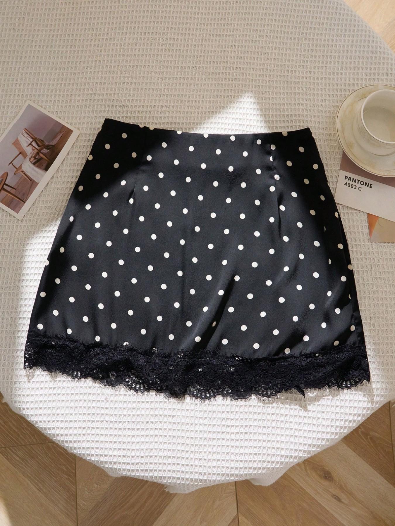 Polka Dot Satin Lace High Waist A-Line Mini Skirt, Elegant Vintage Smooth Casual Flowy Short Dress for Women