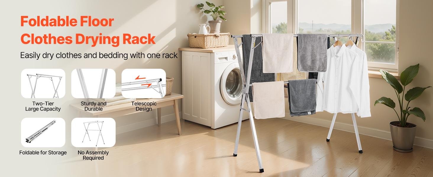 VEVOR Clothes Drying Rack, 2-Tier Telescopic Laundry Dryer Rack, Stainless Steel Drying Racks with 30 Windproof Holes and 2 Shoe Hooks, Free-Standing and Portable Hanger for Outdoor Indoor Use