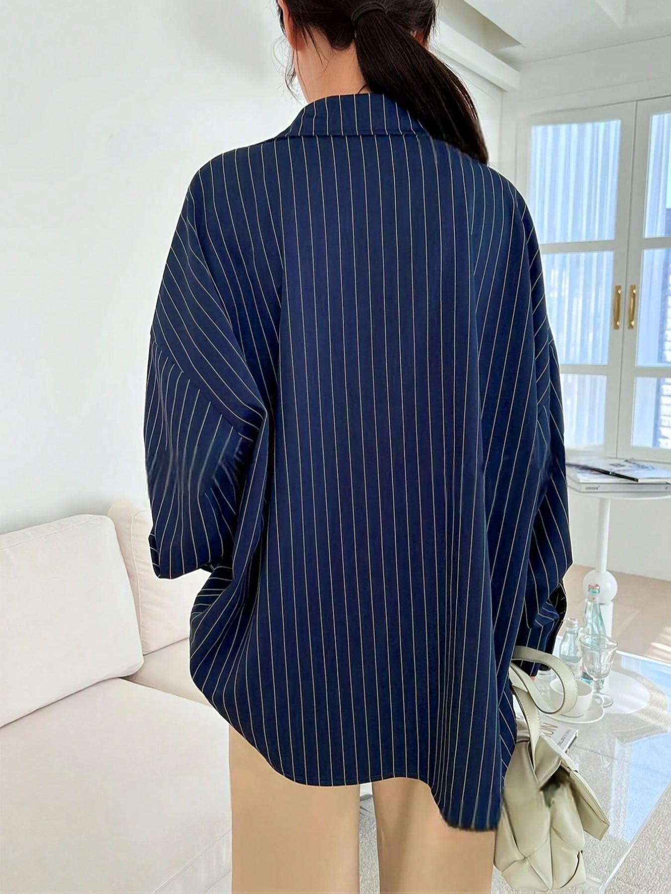 Women's Vertical Striped Drop Shoulder Long Sleeve Button Shirt, Casual Breathable Comfortable Loose Blouse, Fall Fashion Top
