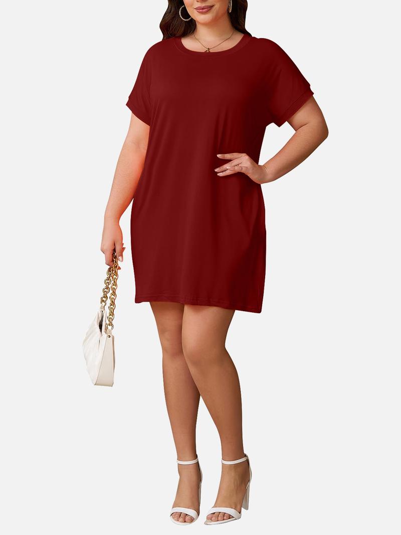 Women's Solid Color Batwing Sleeve Hidden Pocket Tee Dress, Casual Fashionable Daily Wear, Comfortable & Stylish Design