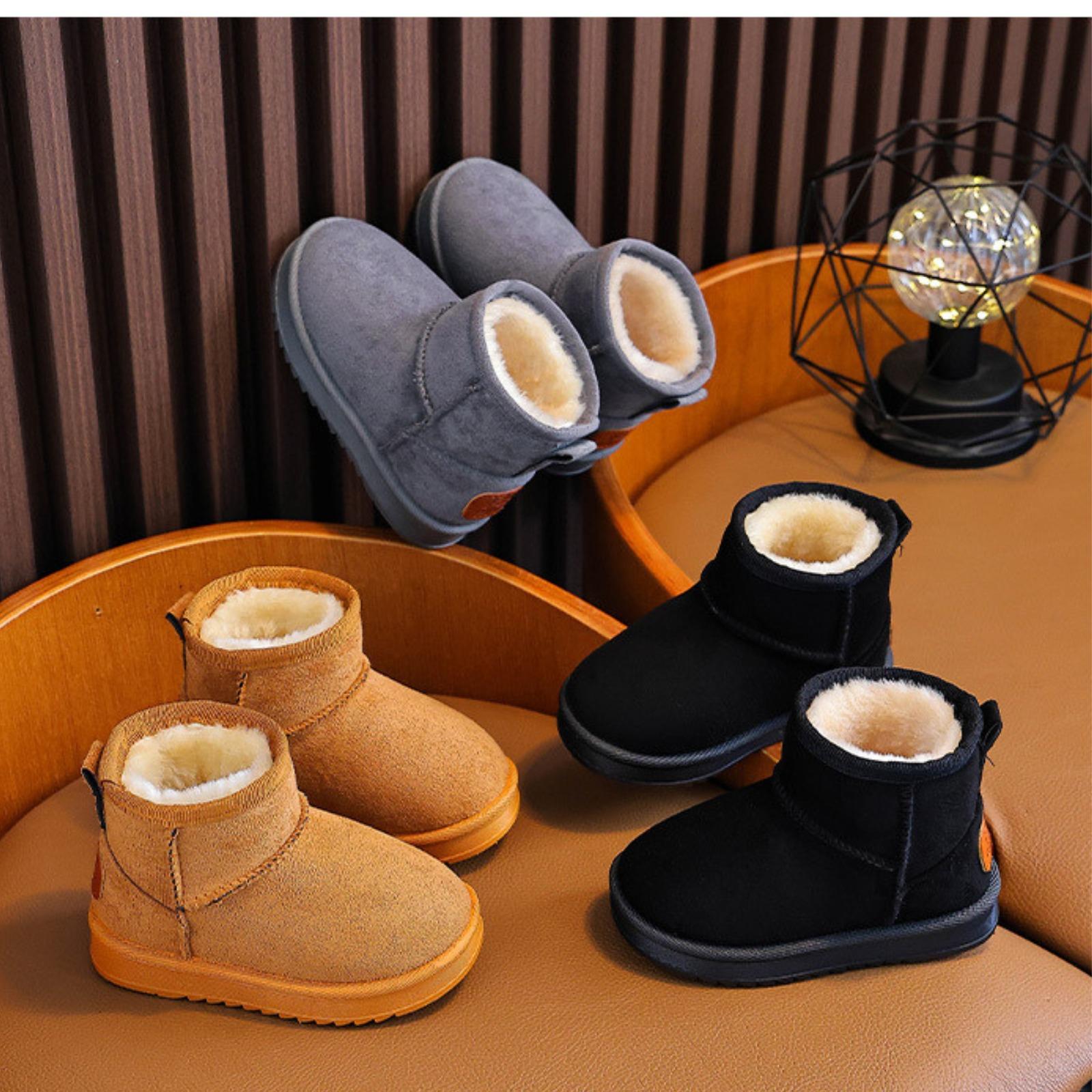 Kids' Cute & Versatile Round Toe Synthetic Snow Booties - Soft, Warm Faux Fur Liner, Non-Slip Flat Ankle Boots for Casual Daily Wear, Birthday, Holiday (Khaki, Black, Gray)