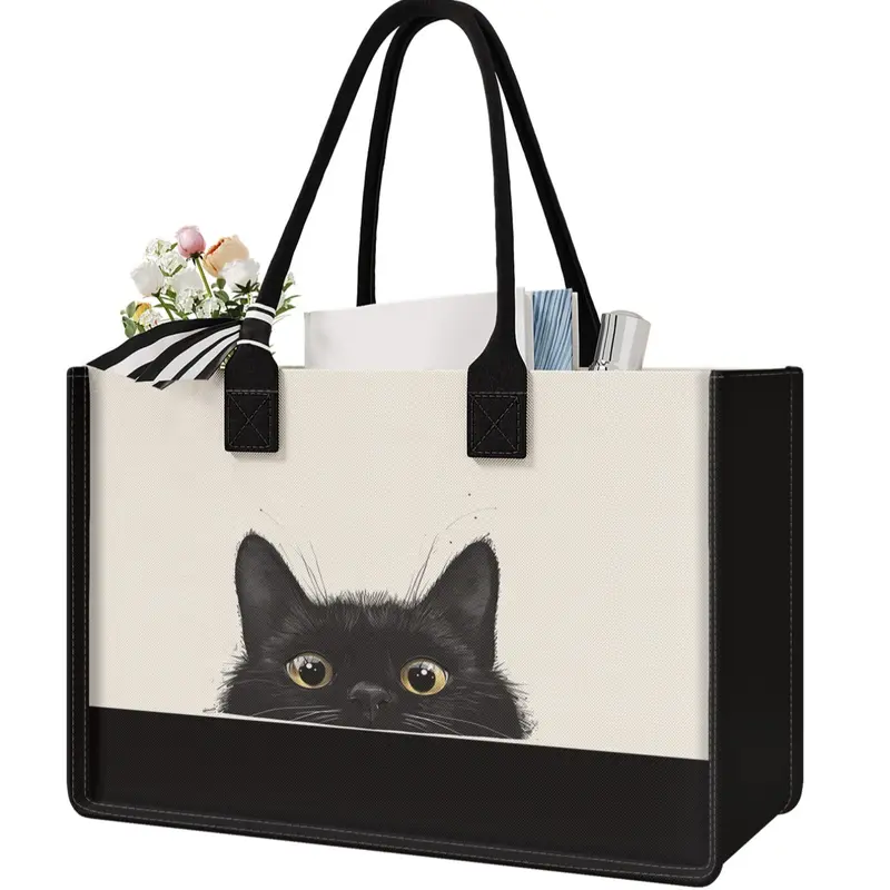 Large Capacity Cat Print Storage Bag, Durable Handle, Space Saving Multi-Purpose, Ideal for School, Travel, Shopping, All Seasons Use Lightweight Tote Bag, Versatile Bag
