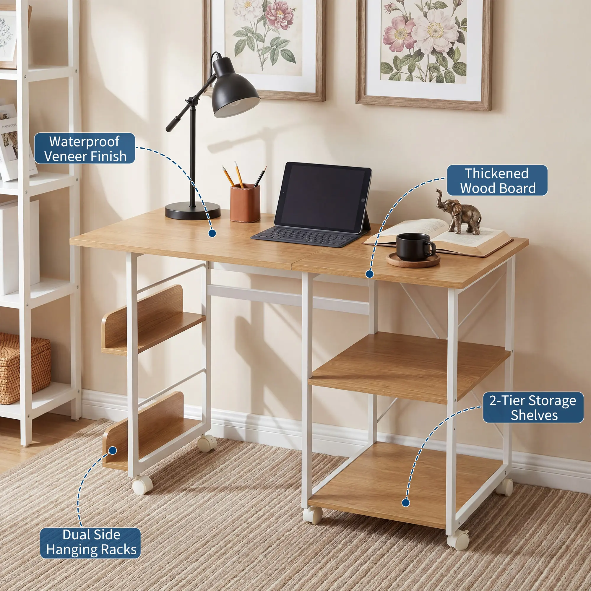 Folding Desk for Small Spaces, Foldable Computer Desk with Storage & Wheels Steel and wood construction with an open shelf for organized indoor work and study