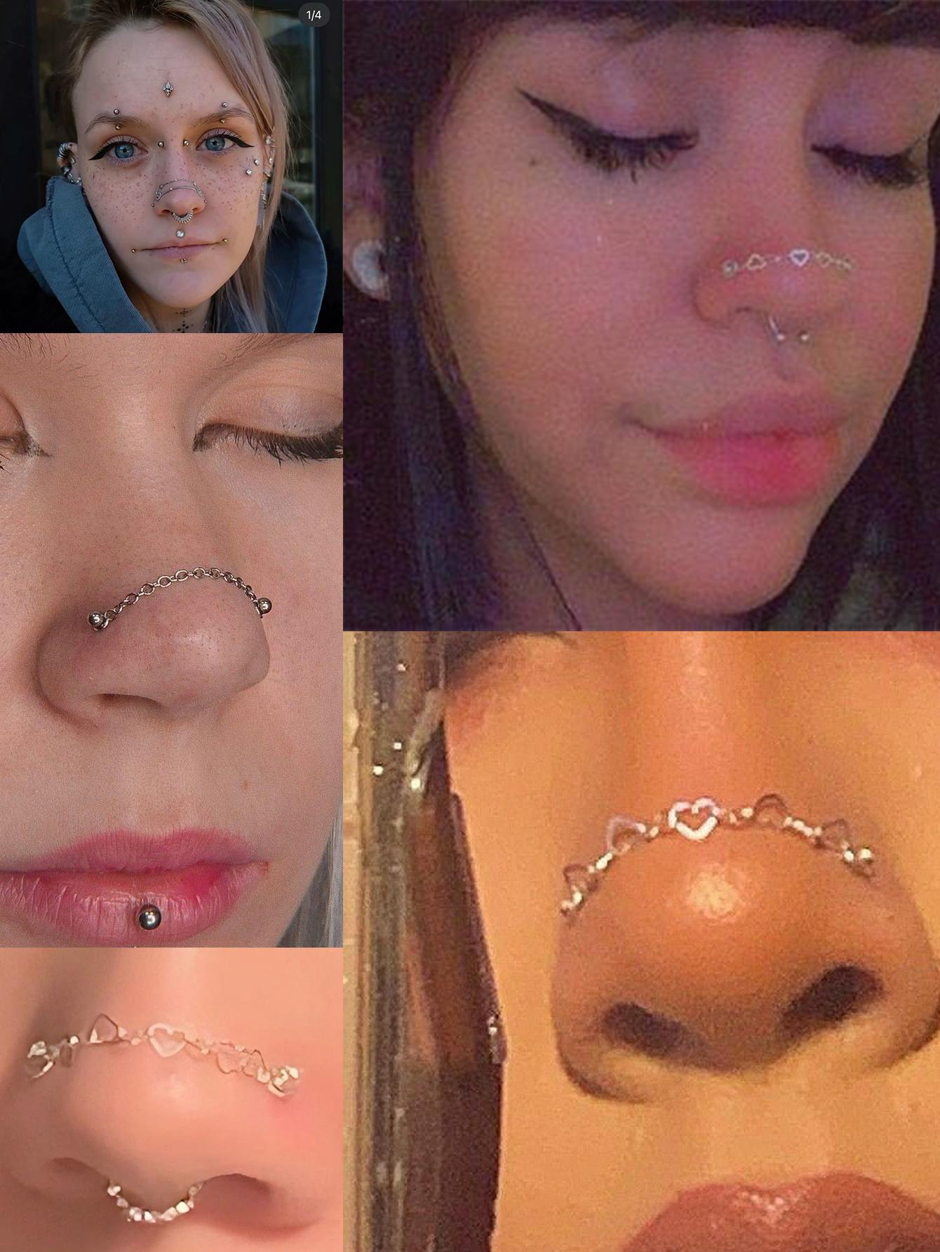 Stainless Steel Cz Nose Chain Piercing, 20g L Bone Shaped Nose Ring Chains for Women, Cz Nose Studs with Chains, Nostril Piercing Jewelry, Nose Piercing Kit