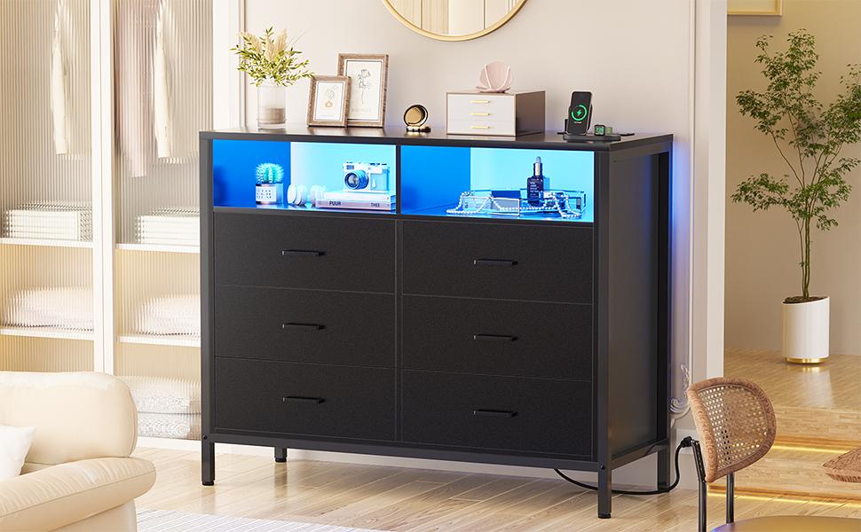 Homieasy Black Dresser for Bedroom, 6 Drawer Dresser with LED Lights and Outlet, Dresser TV Stand for Living Room, Hallway, Entryway dresser for baby wood dresser