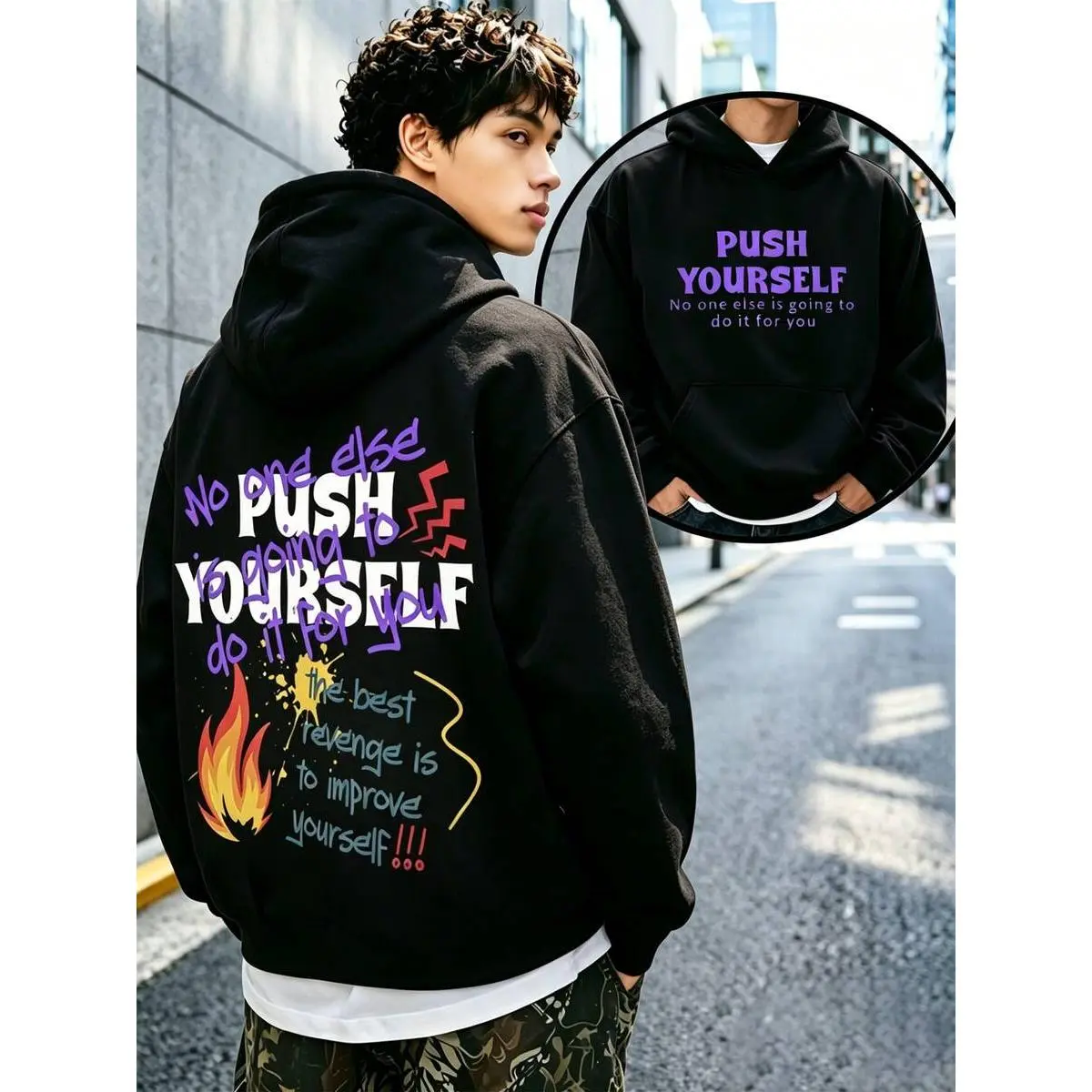 Y2K Style Men's Hoodie, Unique Graffiti Flame Print Loose Sweatshirt, Black American Retro Style Inspirational Slogan Hoodie, Casual Street Style Everyday Wear Sweatshirt.