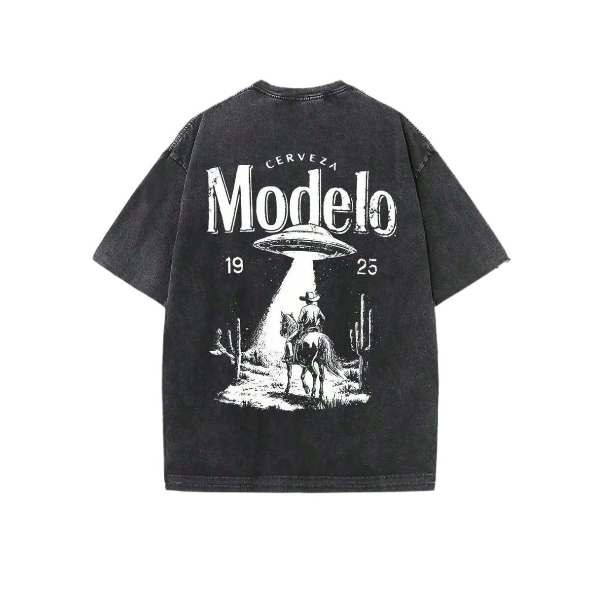 Vintage Washed Black Modelo Graphic T-Shirt Unisex, Retro Distressed Oversized Crew Neck Short Sleeve Tee, Western Cowboy UFO Abduction Print Cerveza Beer Streetwear Casual Top for Men Women, Outdoor Daily Wear
