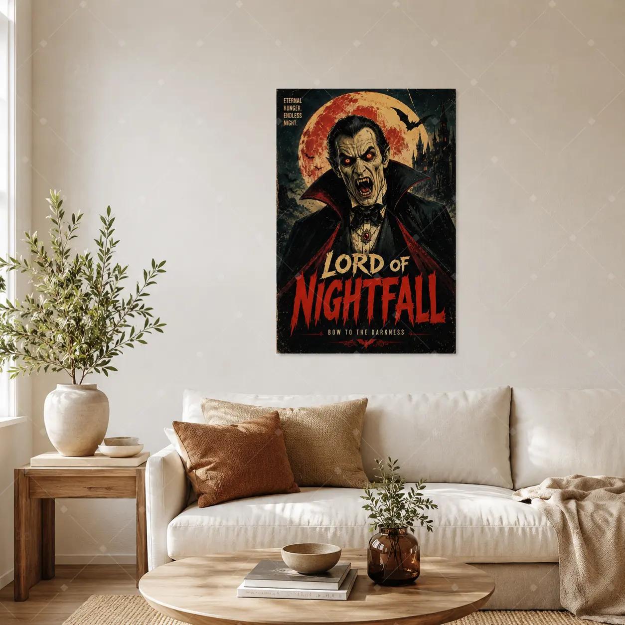 Gothic Vampire Lord Canvas Wall Art, Dark Castle Horror Poster Print for Living Room Bedroom Halloween Decor, Retro Monster Artwork, Available as Unframed Poster or Framed Canvas Wrap