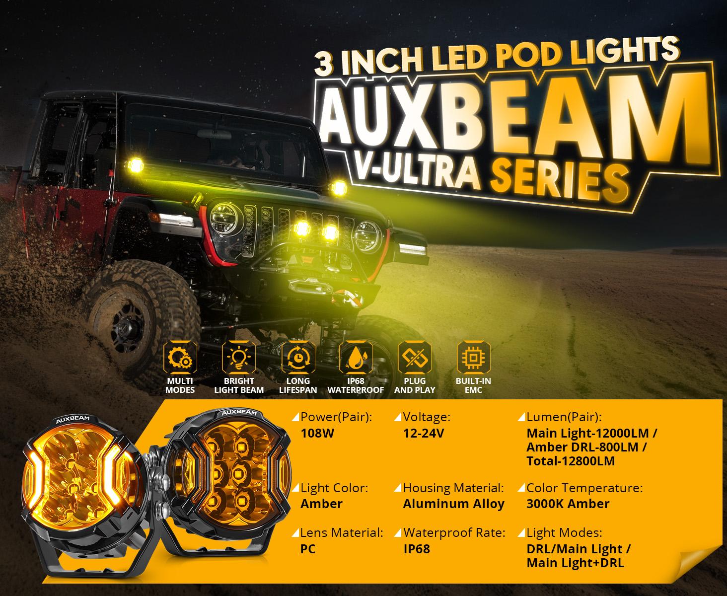 AUXBEAM 3 Inch 108W LED Driving Pod Light with Amber DRL Side Shooter IP68 Waterproof Combo Beam 2 Pcs V-ULTRA Series Auxbeam Light Bar Spot Flood Jeeplight Bar Spot Flood Combo Beam Work Light
