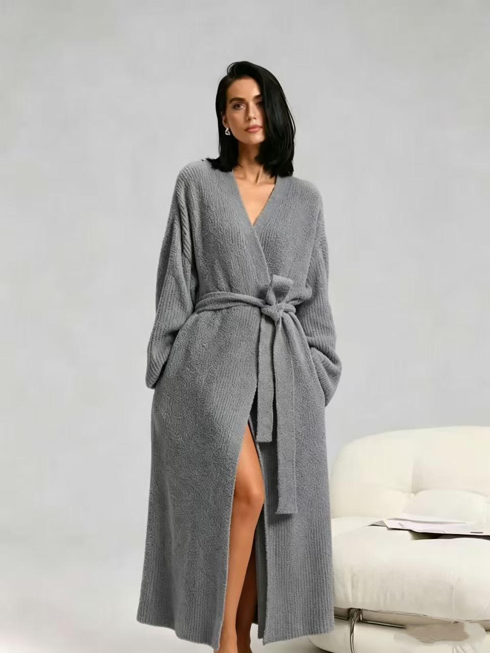 【COZY Soft Plush Feel】Women's Solid Color Thickened  Thermal Lined Long Sleeve Drop Shoulder Bathrobe, Oversize Loose Casual Soft Comfortable Thermal Warm Pocket Belted V Neck Dressing Gown for Women, Ladies Sleepwear for Winter