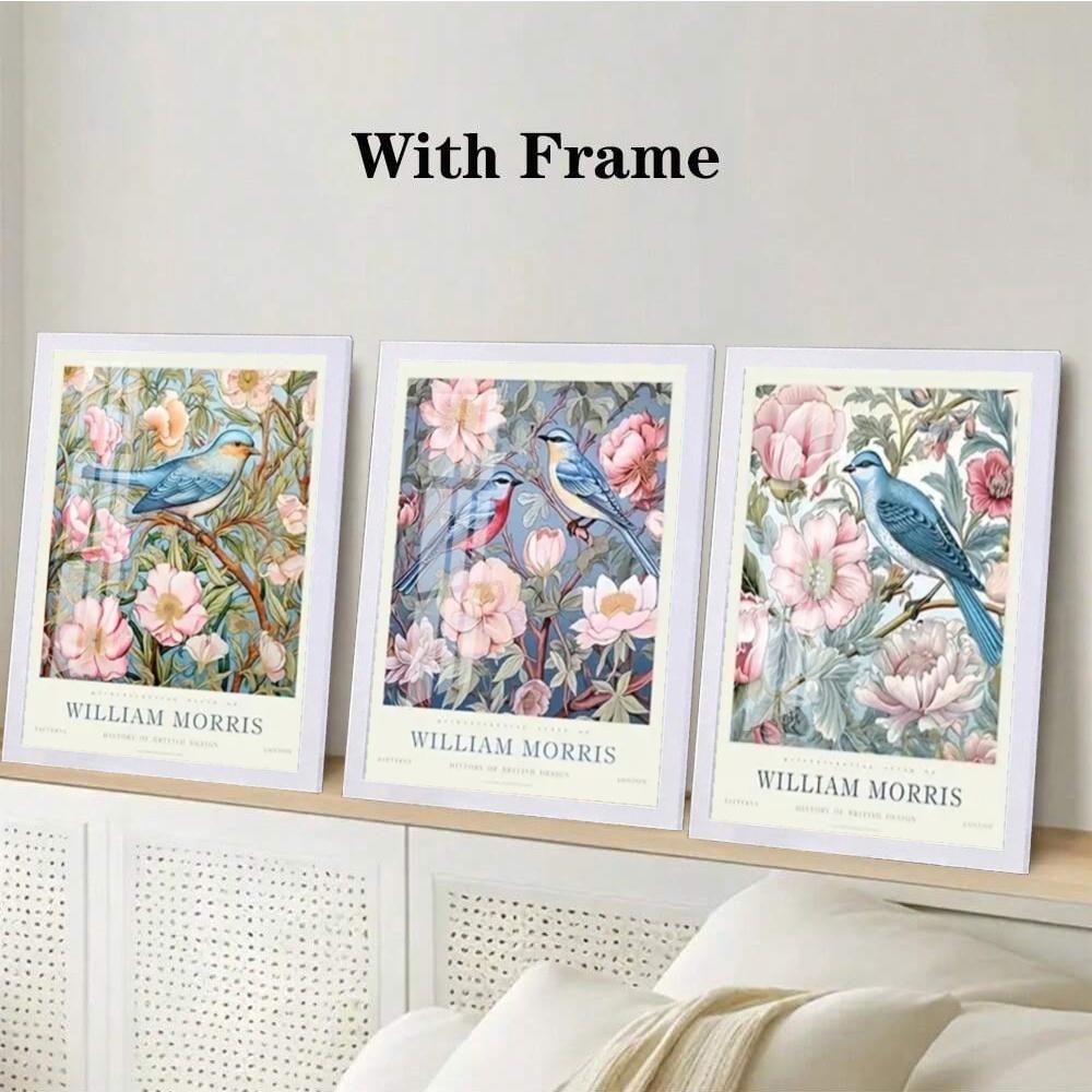3 Pieces Optional Wooden Frame William Morris Floral Bird Wall Poster Canvas Painting Floral Wall Art Plant Retro Print Living Room Home Decor Color Accurate Reproduction Hanging Painting Clear Texture Canvas Print