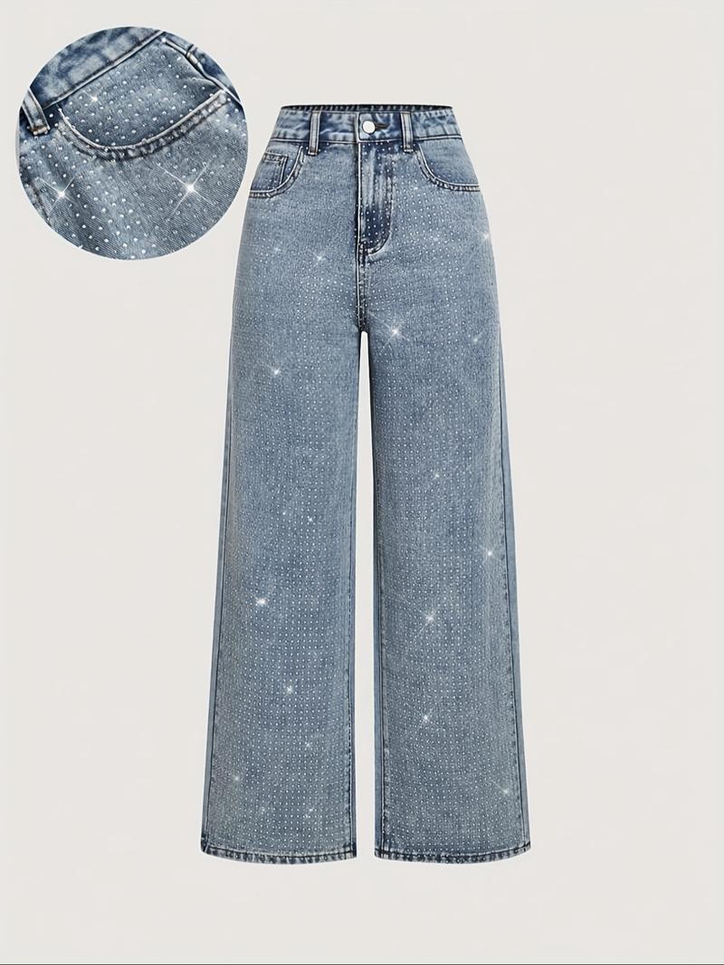 Women's Elegant High-Waisted Wide-Leg Jeans, with Rhinestone Embellished, All-Season Fitted Woven Fabric Fashion Pants